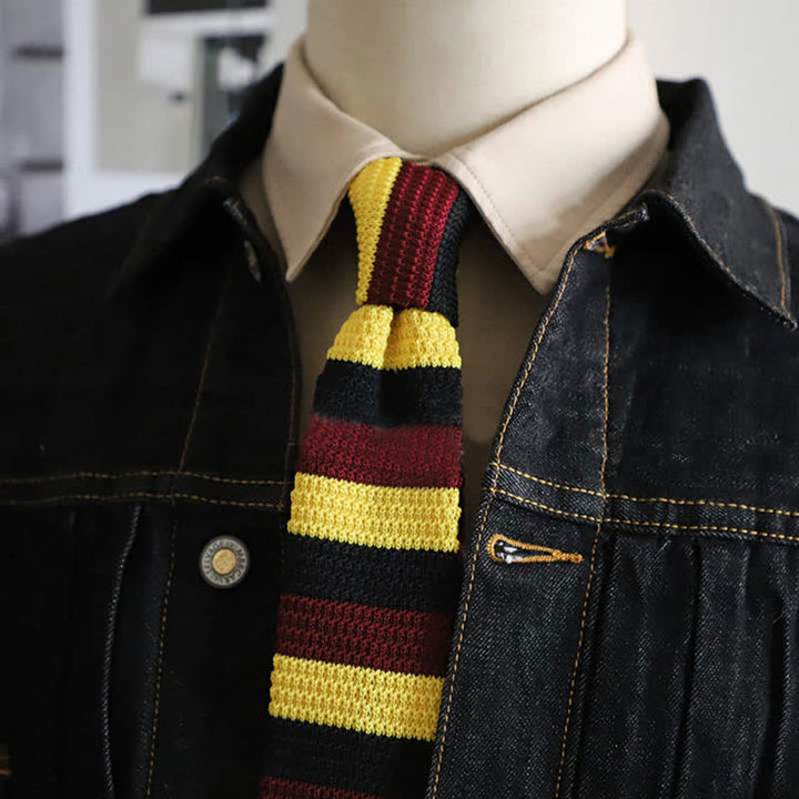 Men's Autumn Horizonal Striped Knitted Necktie - Yellow & Burgundy - image 20