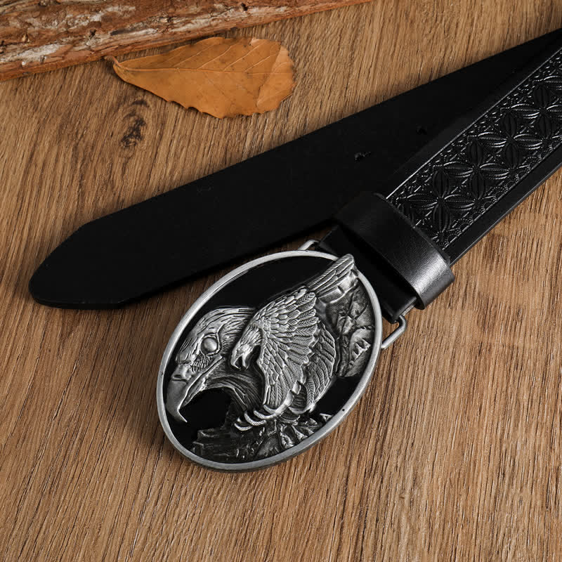 Men's Carved Bald Hawk Eagle Buckle Leather Belt - image 6