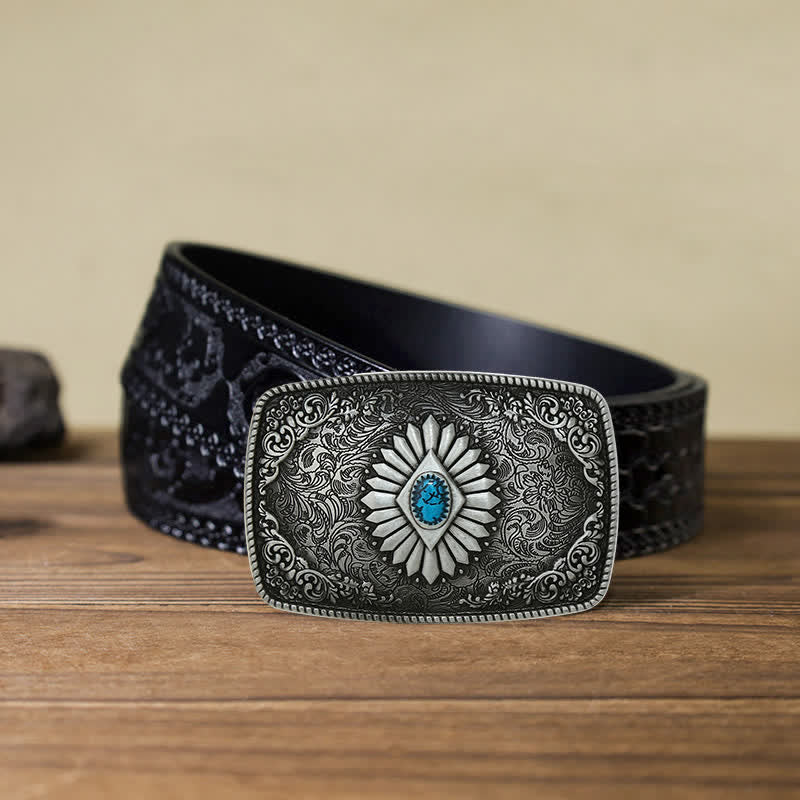 Men's DIY Square Turquoise Western Buckle Leather Belt - Antique Silver - Black Carved Belt (40) - image 17