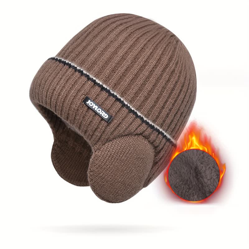 Unisex Solid Color Earflap Elastic Thickened Knit Hat - Coffee - Adjustable (21 5/8"-23 5/8") - image 2