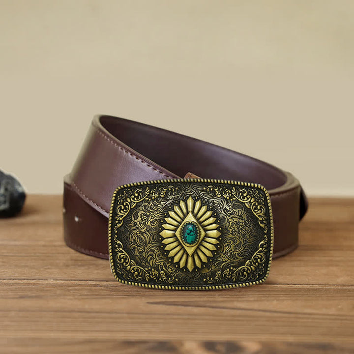 Men's DIY Square Turquoise Western Buckle Leather Belt - Antique Gold - Brown PU Belt (40) - image 15
