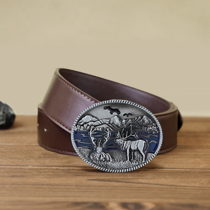 Men's DIY Enamel Wild Life Deer Buckle Leather Belt - Antique Silver - Brown PU Belt (40) - image 6