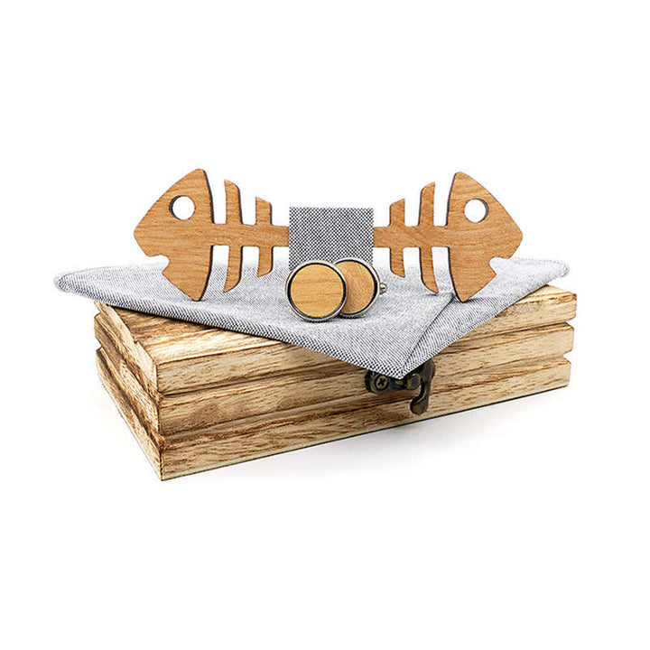 3Pcs Men's Fishbone Wooden Bow Tie Set - Silver - image 12