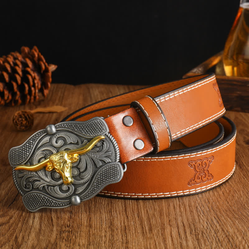 Men's Square Golden Longhorn Bull Leather Belt - Style #3 - 42 - image 4