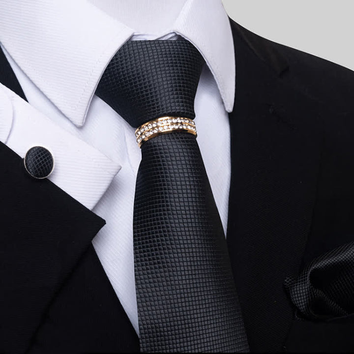 4Pcs Men's Micro-checked Necktie Set With Tie Ring - Black - image 4