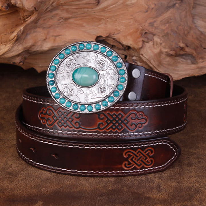 Unisex Carved Rose Turquoise Jade Agate Leather Belt - image 7