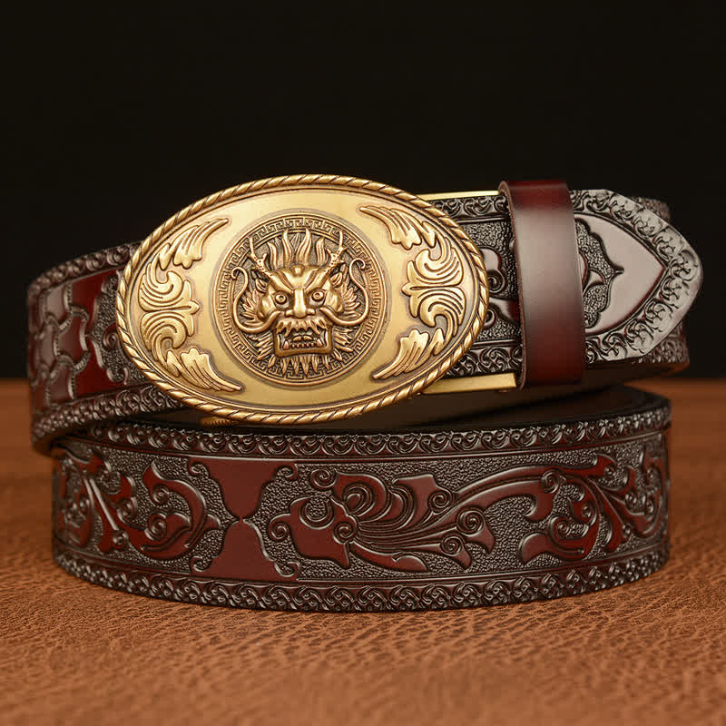 Men's Dragon Elliptical Buckle Leather Belt - Gold & Brown - 46 - image 0
