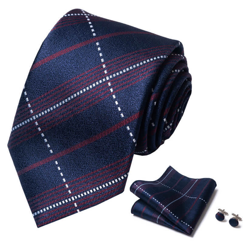 3Pcs Men's Deep Navy & Red Plaid Necktie Set - image 1