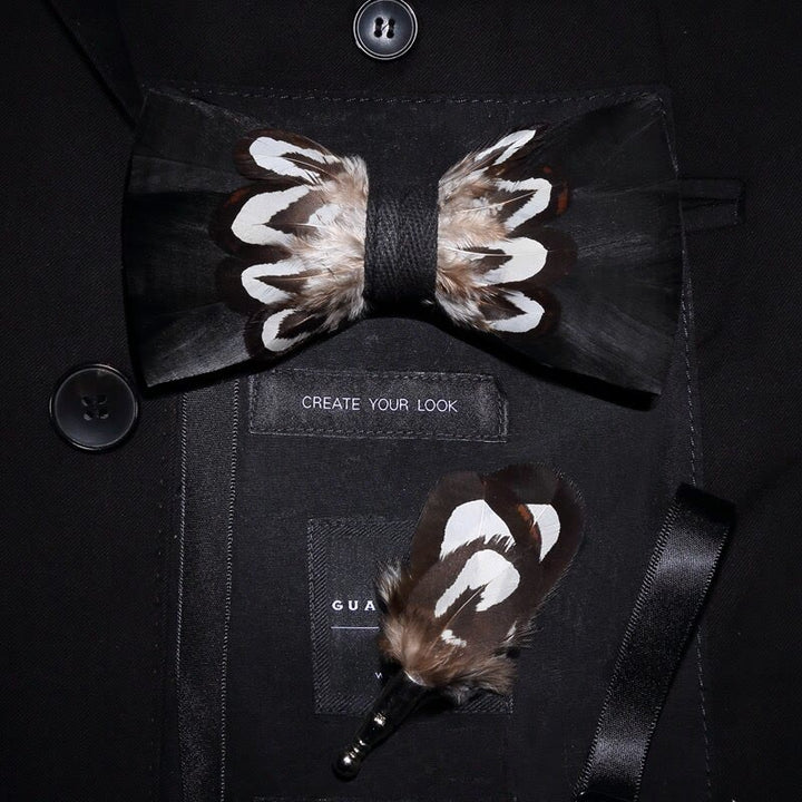 Black & White Pattern Feather Bow Tie with Lapel Pin -  Adult - image 0