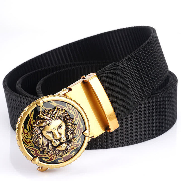 Men's Practical Lion Head Pattern Nylon Belt - Black / Gold - 48" - image 8