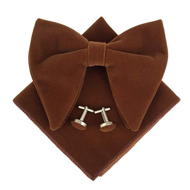 3Pcs Men's Velvet Oversized Pointed Bow Tie Set - Brown - image 4
