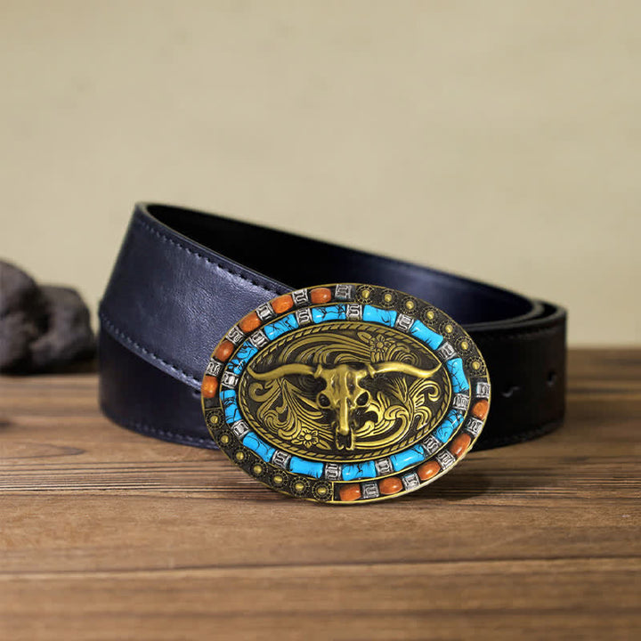 Men's DIY Turquoise Wood Bead Bull Buckle Leather Belt - Gold - Black PU Belt (115 cm/46 inch) - image 4