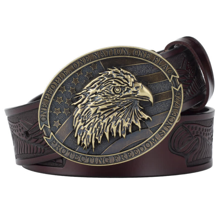 Men's Bald Eagle Head American Flag Buckle Leather Belt - Coffee / Bronze - 46 - image 11