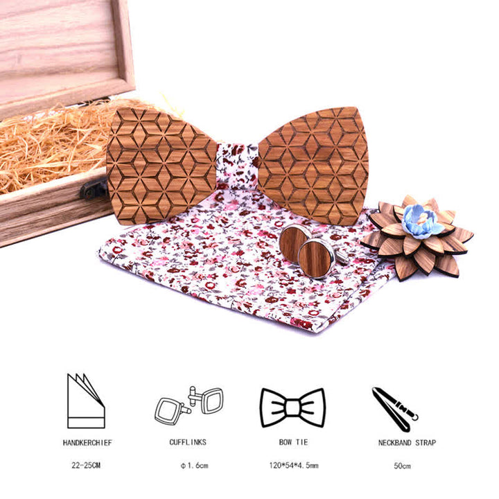 4Pcs Men's Geometric Carving Wooden Bow Tie Set - image 4