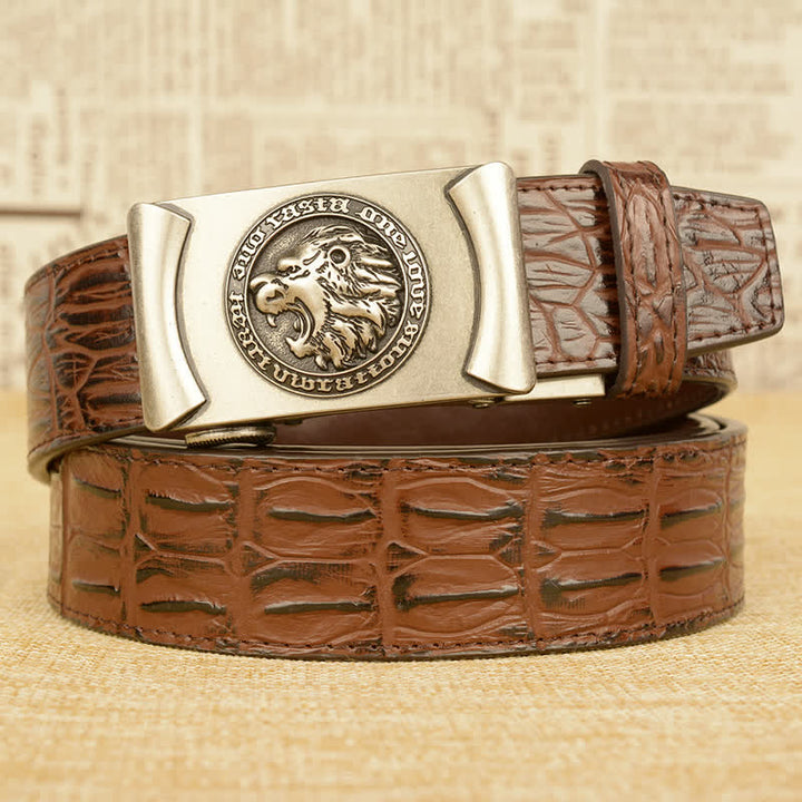 Men's Lion Head Alligator Pattern Leather Belt - Silver & Brown - 46 - image 19