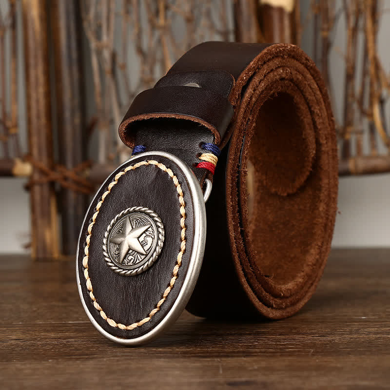 Men's Wild-West Pentacle Thicken Leather Belt - Coffee - 44 - image 0