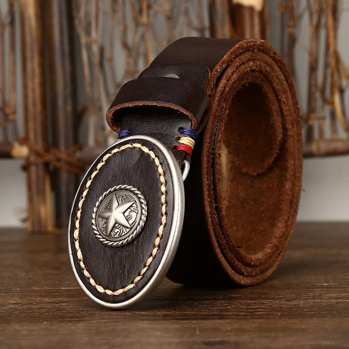 Men's Wild-West Pentacle Thicken Leather Belt - Coffee - 44 - image 0