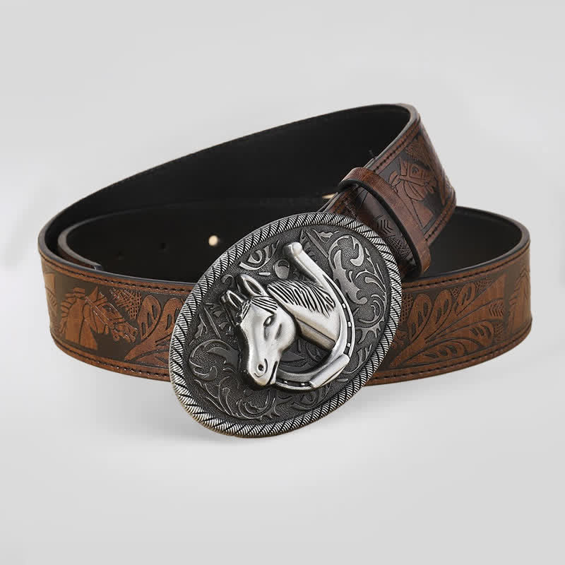 Men's Horse Head Brown Embossed Pattern Leather Belt - Horse - 36 - image 0