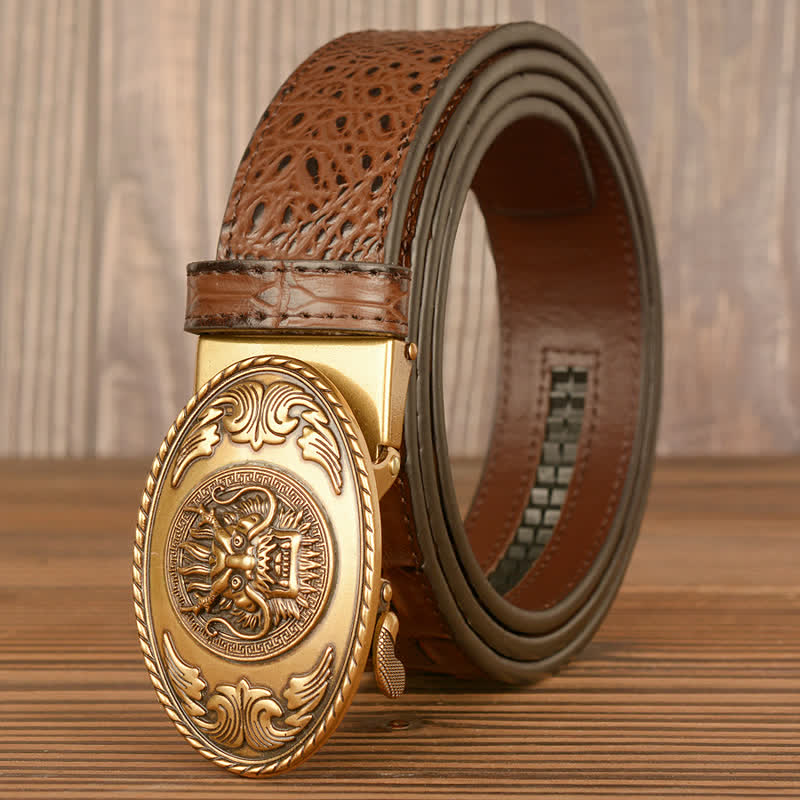 Men's Dragon Head Crocodile Pattern Leather Belt - Gold & Brown - 46 - image 1