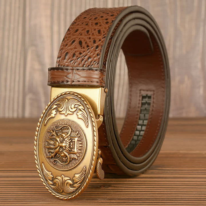 Men's Dragon Head Crocodile Pattern Leather Belt - Gold & Brown - 46 - image 1