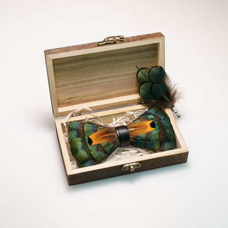 Kid's Emerald Green & Gold Feather Bow Tie with Lapel Pin - image 1