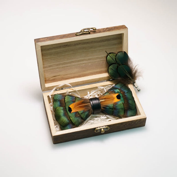 Kid's Emerald Green & Gold Feather Bow Tie with Lapel Pin - image 1