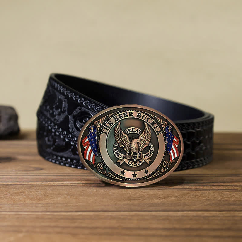 Men's DIY Eagle USA Flag Creative Beer Holder Buckle Leather Belt - Copper - Black Carved Belt (40) - image 22
