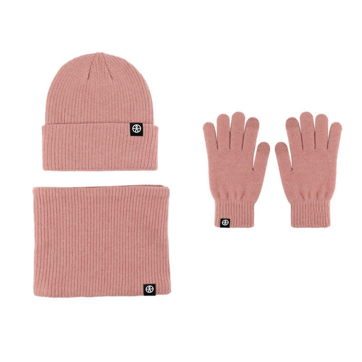 3Pcs Unisex Solid Color Soft Hat Scarf Gloves Set