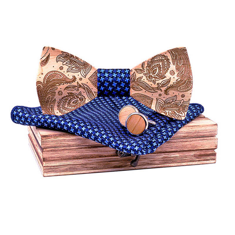 3Pcs Men's Carving Paisley Wooden Bow Tie Set - Blue Star - image 7