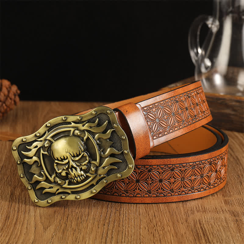 Men's Trendy Skull Head Flame Leather Belt - Brown #1 - 42 - image 0