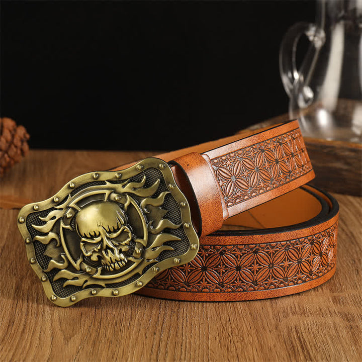 Men's Trendy Skull Head Flame Leather Belt - Brown #1 - 42 - image 0