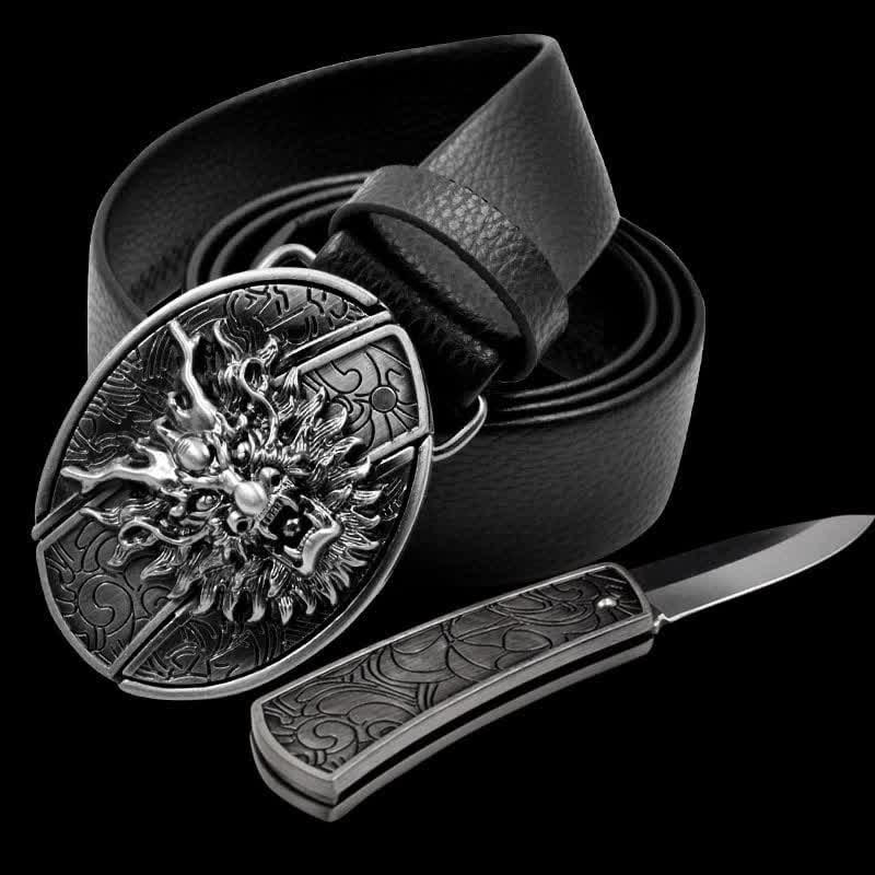 Men's Dragon Head Leather Belt With Folding Knife - Dragon - 46 - image 0