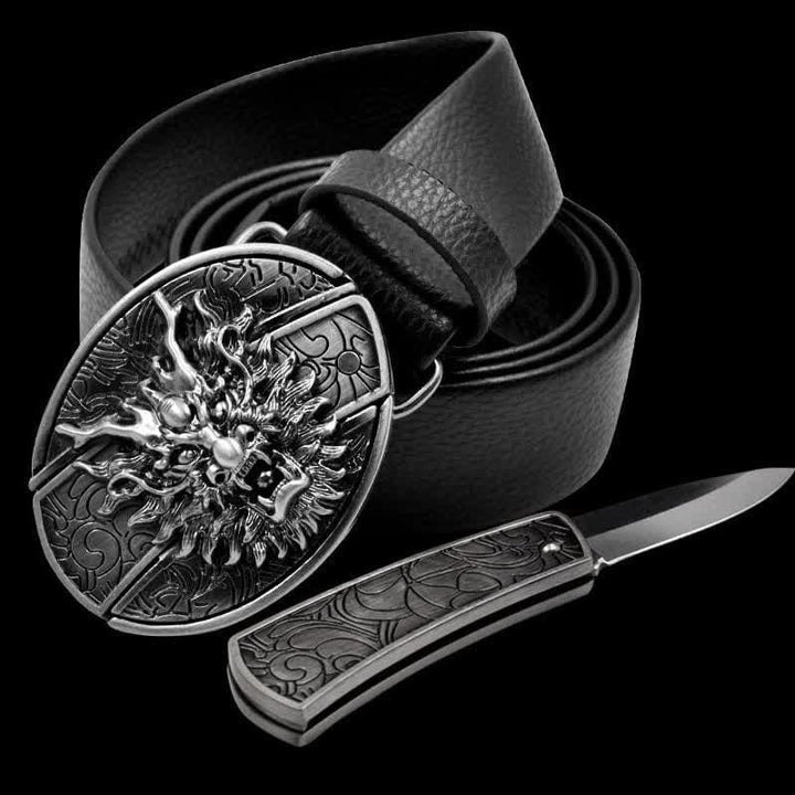 Men's Dragon Head Leather Belt With Folding Knife - Dragon - 46 - image 0