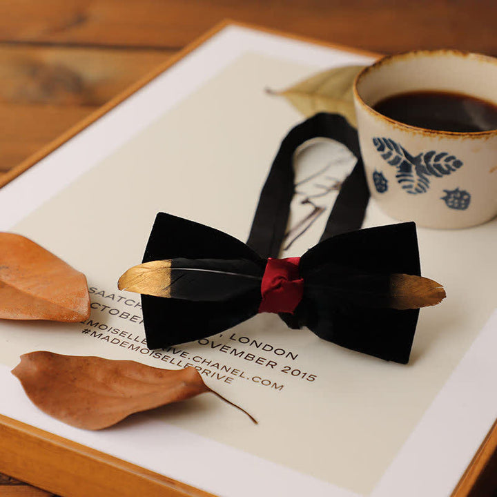 Men's Texture Velvet Feather Bow Tie - Black & Red - image 10