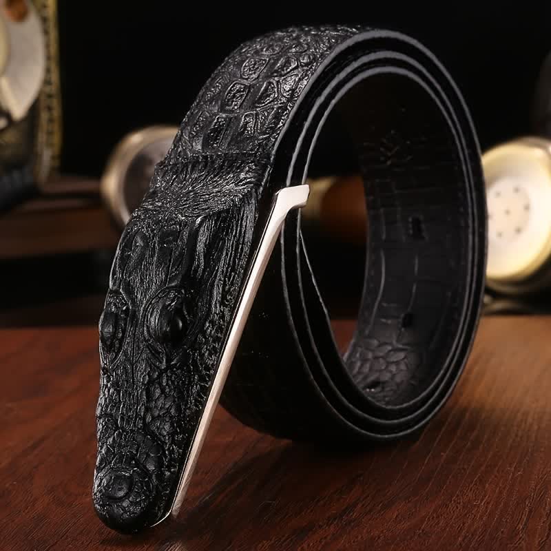 Men's Lifelike Crocodile Head Buckle Leather Belt - Black - 42 - image 7