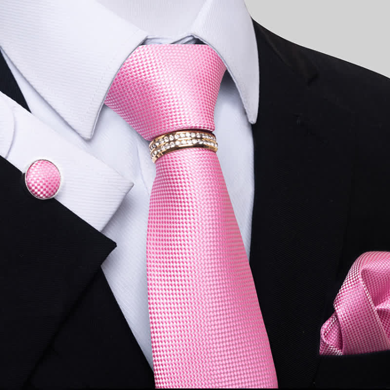 4Pcs Men's Micro-checked Necktie Set With Tie Ring - Pink - image 6