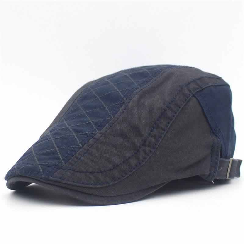 Vintage Embroidery Plaid Patchwork Beret Cap - Navy & Gray - Adjustable (about 21 5/8"-23 5/8") - image 10