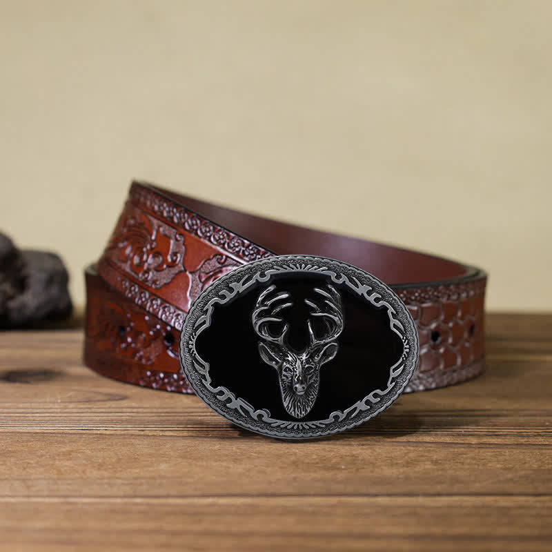Men's DIY Black Deer Head Buckle Leather Belt - Deer - Brown Carved Belt (40) - image 11