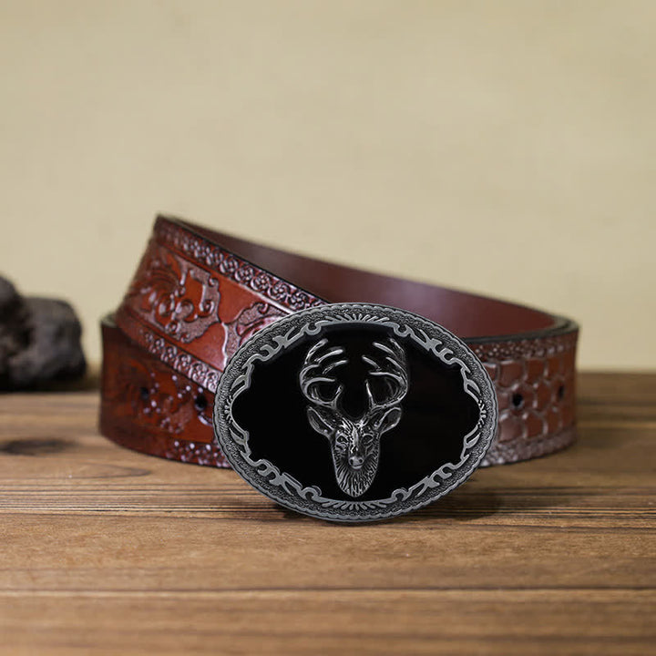 Men's DIY Black Deer Head Buckle Leather Belt - Deer - Brown Carved Belt (40) - image 11