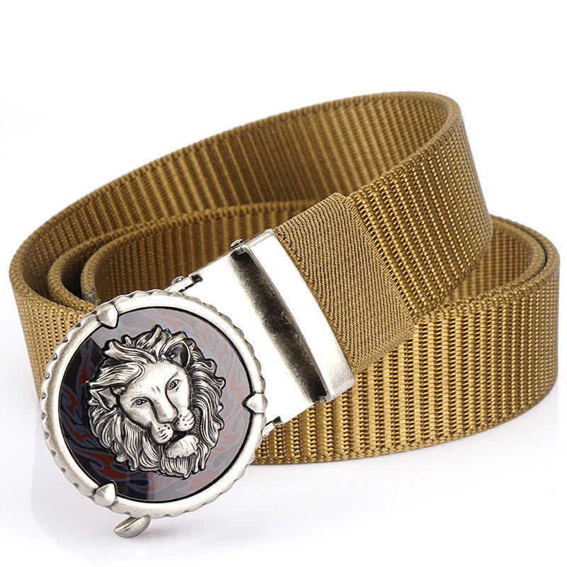 Men's Practical Lion Head Pattern Nylon Belt - Khaki / Silver - 48" - image 15
