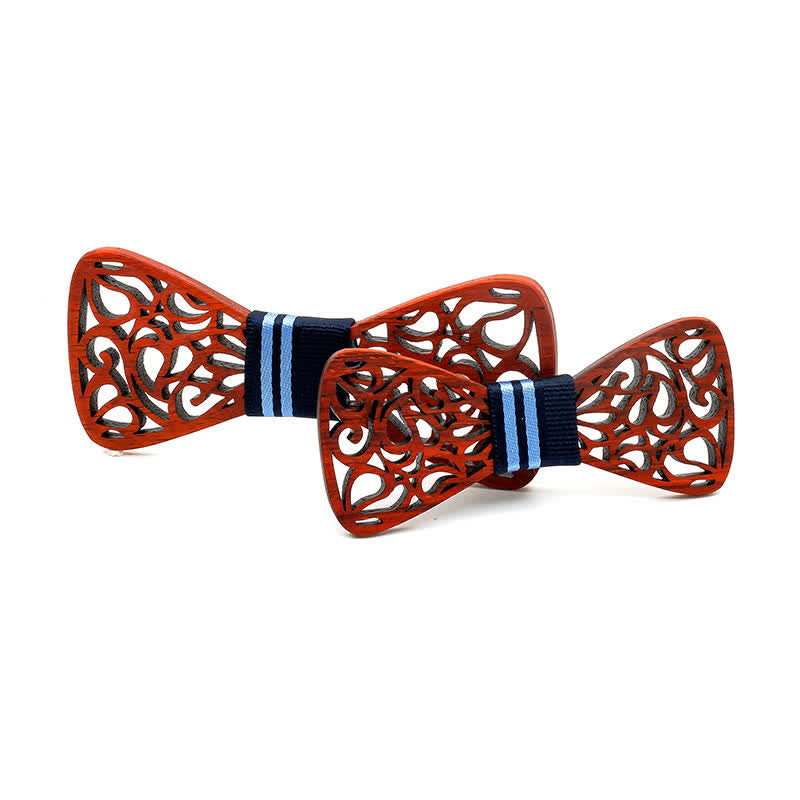 2Pcs Men's Parent-child Hollow Wooden Bow Tie - Redwood & Navy Striped - image 13