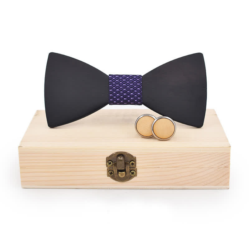 2Pcs Men's Black Wooden Bow Tie Cufflinks Set - Purple Geometry - image 16