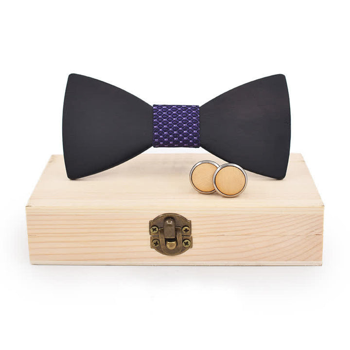 2Pcs Men's Black Wooden Bow Tie Cufflinks Set - Purple Geometry - image 16