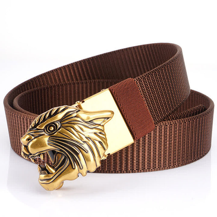 Men's Roaring Tiger Head Nylon Belt - Brown / Gold - 48" - image 12
