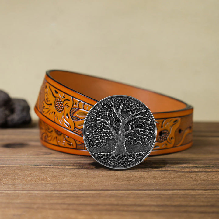 Men's DIY Tree of Life Round Buckle Leather Belt - Silver - Orange Carved Belt (40) - image 24
