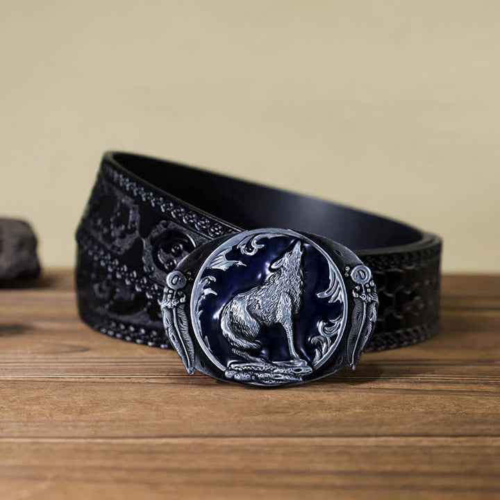 Men's DIY Enamel Domineering Howling Wolf Buckle Leather Belt - Blue - Black Carved Belt (40) - image 15