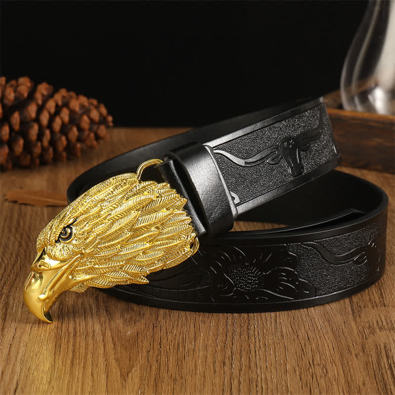 Men's Eagle Head Realistic Vulture Western Leather Belt - Black #1 / Gold - 42 - image 15