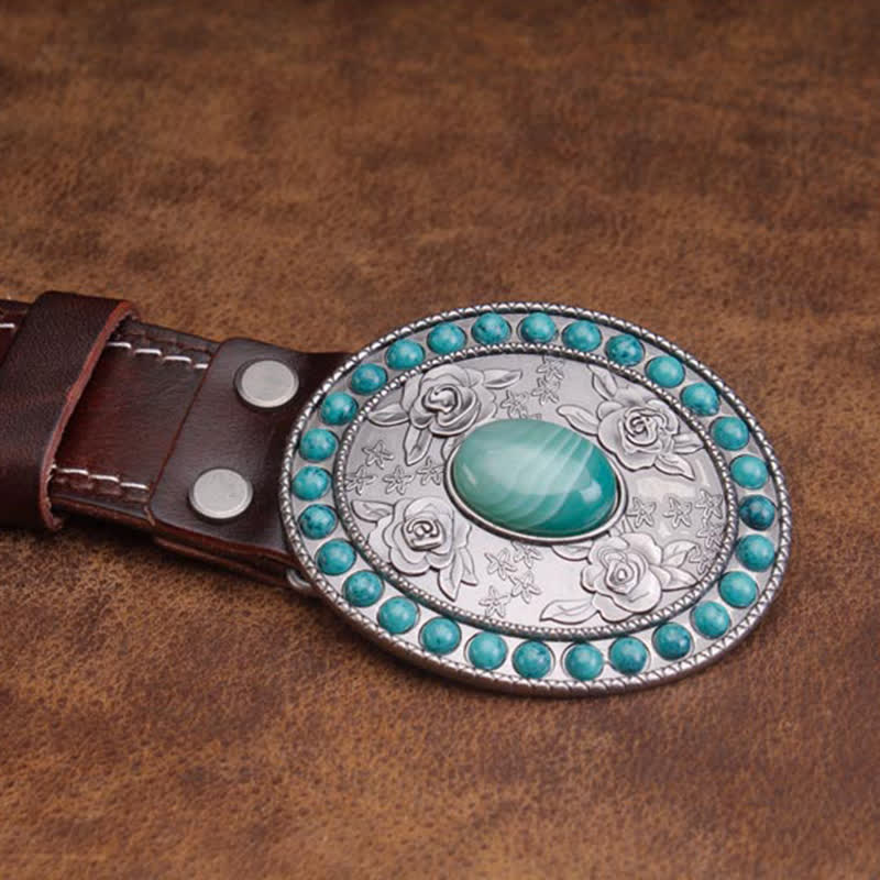 Unisex Carved Rose Turquoise Jade Agate Leather Belt - image 2