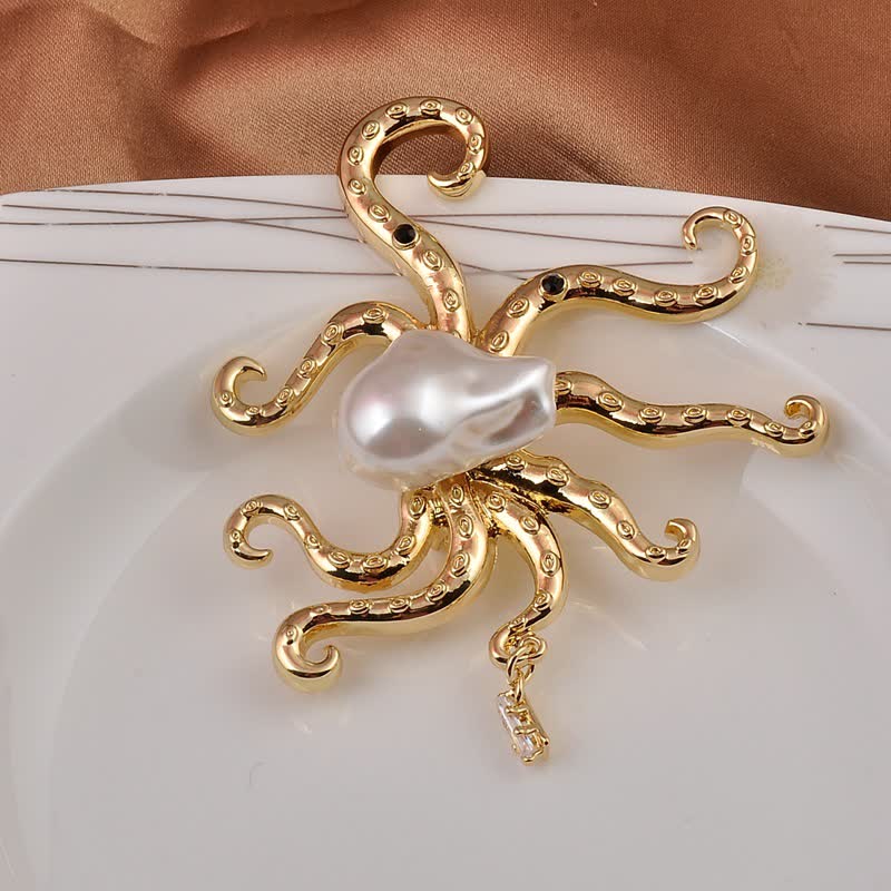 Unisex Tropic Octopus Large Pearl Brooch - Gold - image 1