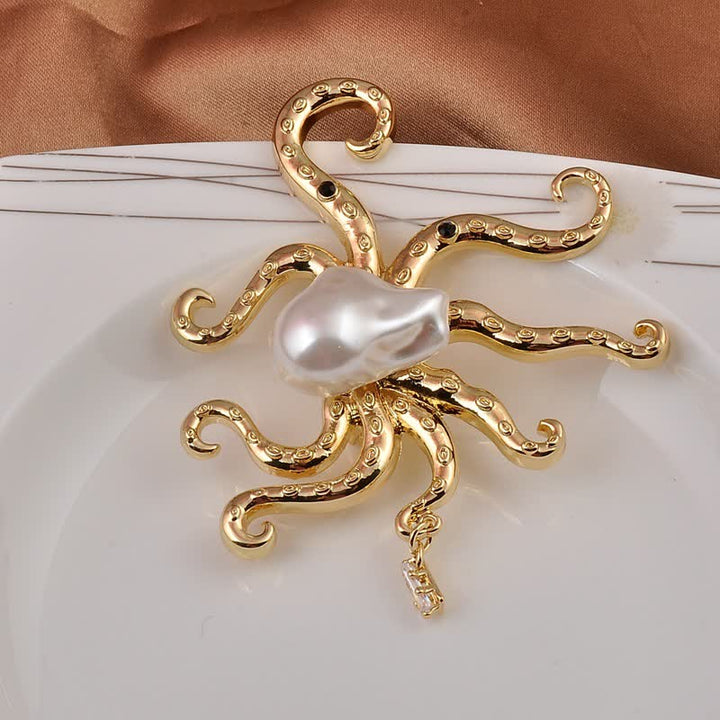Unisex Tropic Octopus Large Pearl Brooch - Gold - image 1